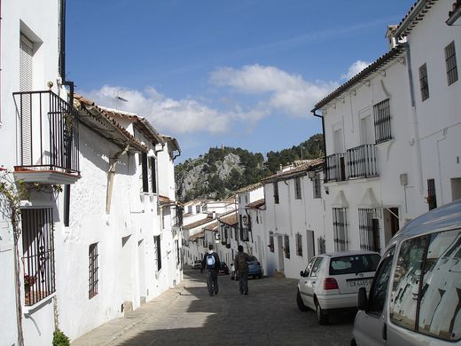 Calle empinada de Grazalema, con casas encaladas y balcones de hierro